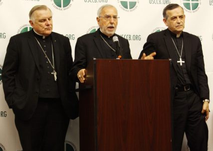 Left to right, Archbishop Thomas G. Wenski of Miami, Bishop Gerald Kicanas of Tucson and Bishop Eusebio Elizondo are members of U.S. Conference of Catholic Bishops’ Committee on Migration. The committee held a press conference on Thursday (May 29) on Capitol Hill before going to speak to members of the House of Representatives to push immigration reform efforts. Religion News Service photo by Heather Adams