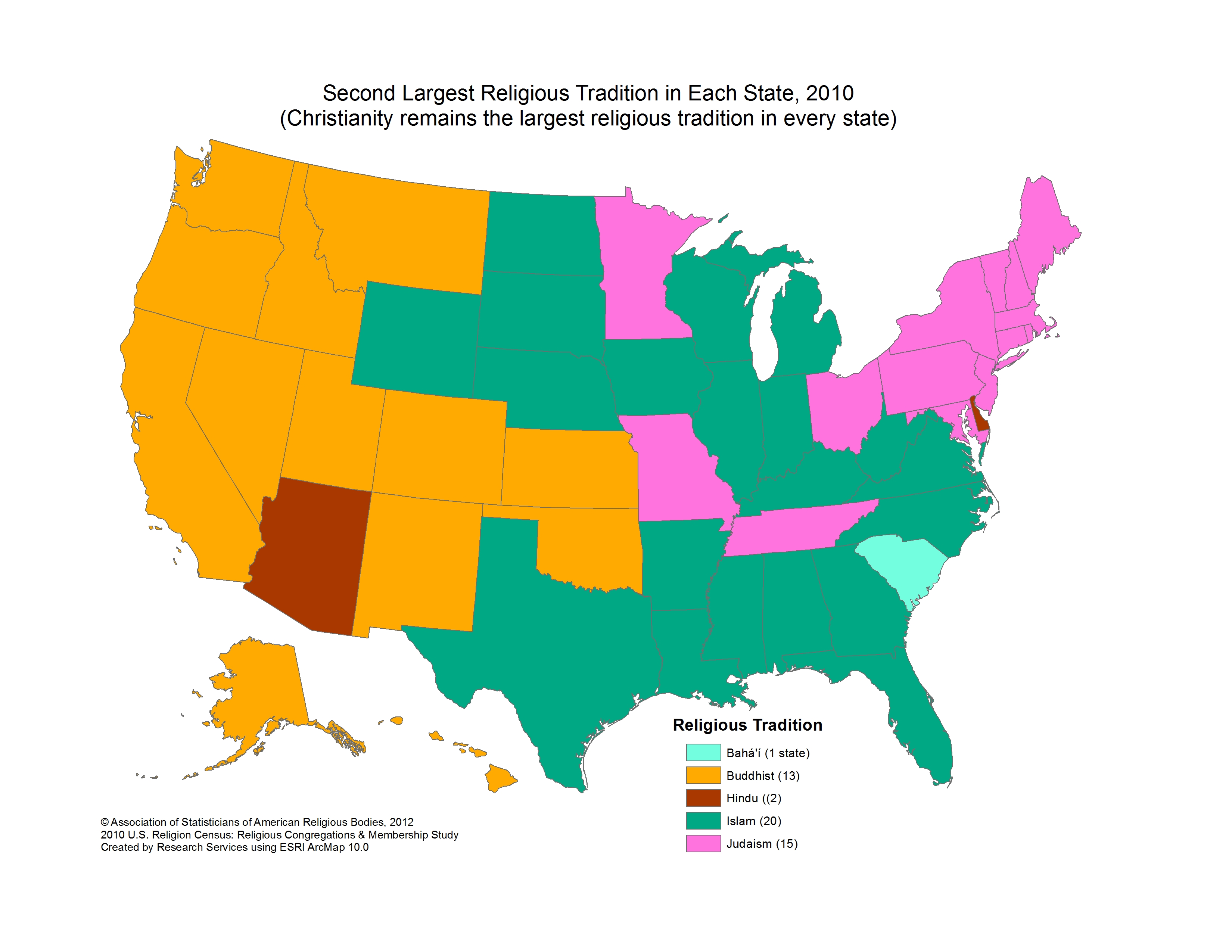 Second Largest Religious Tradition by State