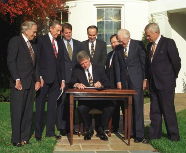 President Bill Clinton signs the Religious Freedom Restoration Act on the White House's South Lawn on Nov. 16, 1993.