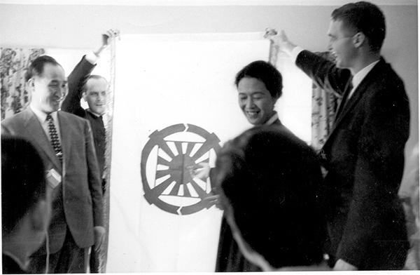Sun Myung Moon, left, in 1965 during his first trip to the United States.