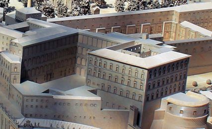 The Institute for the Works of Religion, more commonly known as the Vatican Bank, is housed inside the Bastion of NIcholas V, the rounded structure on the right, shown in this model of the Apostolic Palace at the Vatican Museums.