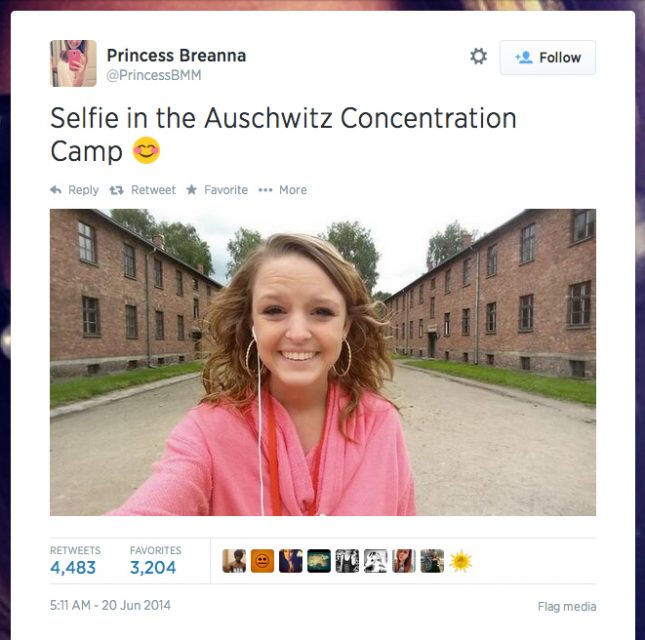 On June 20, 2014, Breanna Mitchell posted a selfie on the grounds of the Auschwitz Concentration Camp. The photo went viral about a month later, after it was picked up by media outlets. For use with RNS-AUSCHWITZ-SELFIE transmitted July 24, 2014. Photo courtesy Breanna Mitchell