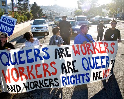 Workers march for employment equality at San Francisco's Market and Castro streets in 2010.