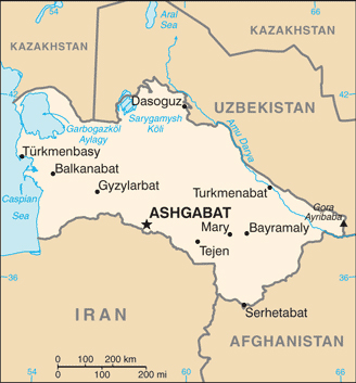 Turkmenistan lies to the north of Iran and Afghanistan in Central Asia.