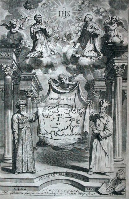 Frontispiece depicting Adam Schall and Matteo Ricci holding a map of China.
