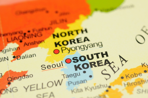 Closeup of North Korea and South Korea on a map.