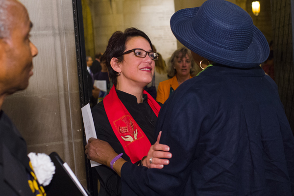 The Rev. Amy Butler greets congregants at New York City’s Riverside Church during her candidacy weekend.  Photo by Dave Cross Photography, courtesy of Riverside Church
