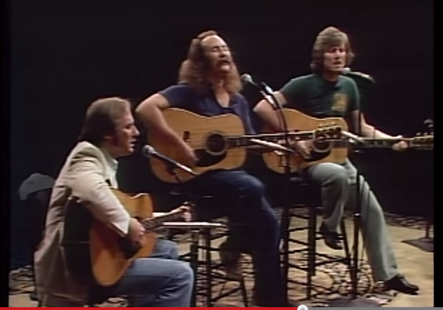 Crosby, Stills and Nash crooned about our message to the next generation in 'Teach Your Children Well.' Photo from YouTube concert video.
