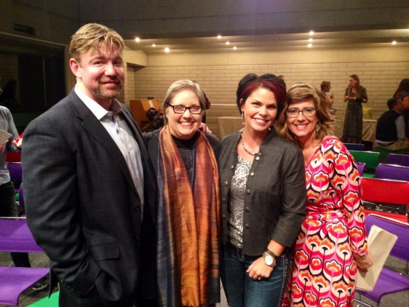 Left to right, Mitch Mayne, Dr. Caitlin Ryan, Wendy Montgomery, and Diane Oviatt pose for a photograph, during the showing of a documentary about a Mormon family whose 13-year-old son came out as gay. Photo courtesy of Mitch Mayne