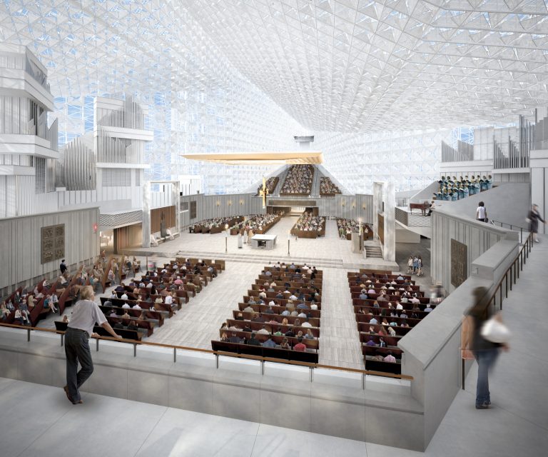This rendering shows the sanctuary of Christ Cathedral. The Roman Catholic Diocese of Orange in Garden Grove, Calif. unveiled design plans for  the Christ Cathedral, which will address the complex needs of the 1.3 million member diocese. Photo courtesy of Roman Catholic Diocese of Orange