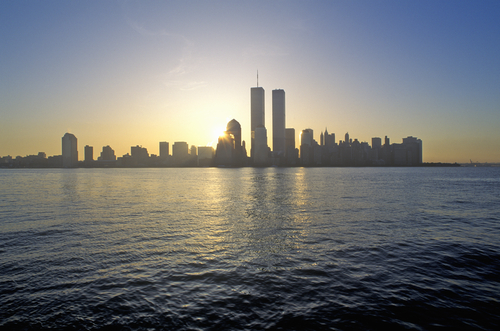 The twin towers shown along the skyline in New York City.