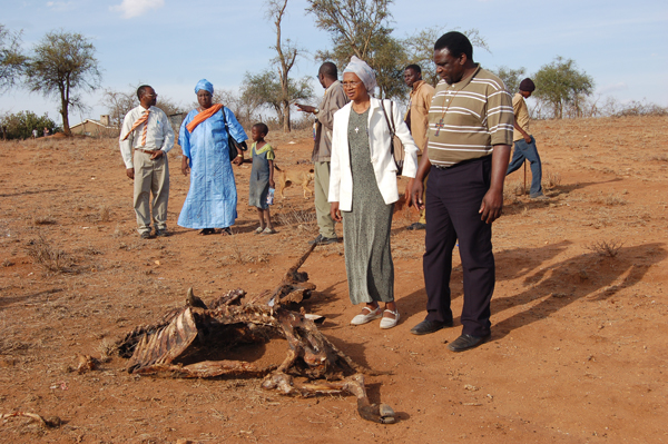 A delegation of Lutheran Church leaders in Africa look at a drying corpse of cow in Kajiado area, South Eastern Kenya. Climate change is resulting to serious and frequent droughts which decimate livestock in Africa's rural areas. Religion News Service photo by Fredrick Nzwili