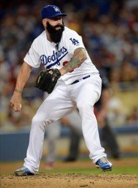 Brian Wilson pitching for the Dodgers during a game.