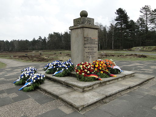 The Jewish memorial site on the grounds of the former Bergen-Belsen concentration camp, with wreaths from the ceremony on Liberation Day, April 15, 2012.