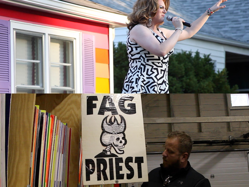 (Top) A drag show performance at the Equality House in Topeka, Kan. (Bottom) Steve Drain shows a sign at Westboro Baptist Church. Both on October 17, 2014. Religion News Service photos by Sally Morrow.