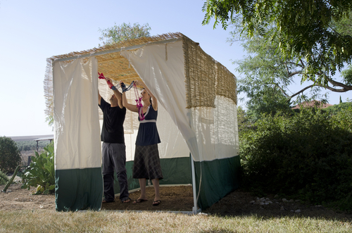 A family decorates a sukkah or makeshift shelter.