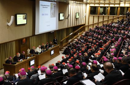 Pope Francis and prelates attend the morning session of the extraordinary Synod of Bishops on the family at the Vatican on Oct. 9, 2014. Photo by Paul Haring, courtesy of Catholic News Service