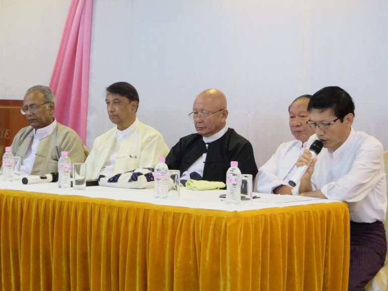 “Reflecting on Faith in Myanmar Media” panel. From left, U Aung Naing, Hindu community andExecutive committee member at Religions for Peace; U Aye Lwin, Chief Convener at the Islamic Centre of Myanmar and Founding Member, of Religions for Peace; U Myint Swe, President of Ratana Metta Organization and Chairman of Religions for Peace; Dr Saw Hlaing Bwa, Christian leader and Professor at the Myanmar Institute of Theology; and moderator U Myint Kyaw,  Secretary General of the Myanmar Journalist Network. 
