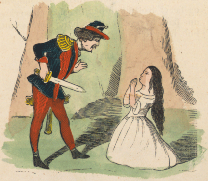 An illustration from page 7 of Mjallhvít (Snow White) an 1852 icelandic translation of the Grimm-version fairytale.