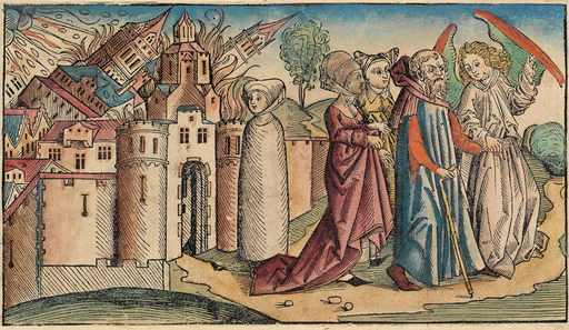 Lot leaving Sodom, a woodcut from the Nuremberg Chronicle.