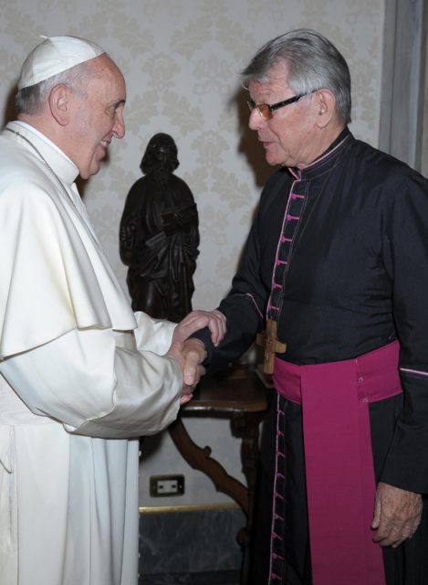 Bishop Erwin Krautler, right, prelate of Xingu, is pictured here with Pope Francis. Photo courtesy of Bishop Erwin Krautler, via L’Osservatore Romano