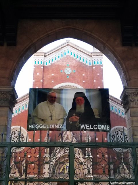 A poster displayed outside of a Catholic church in Istanbul welcomes Pope Francis, who is set to visit Turkey Nov. 28-30. Photo by Nathalie Ritzmann, courtesy of Catholic News Service
