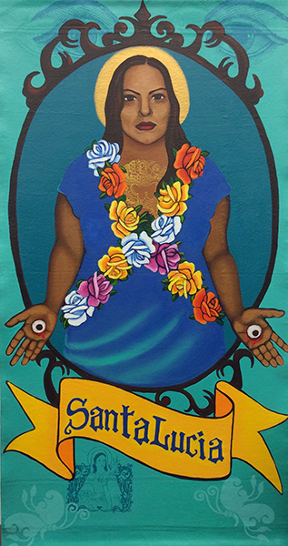 Alma Lopez's version of Santa Lucia confronts the viewer with a direct gaze - and her torn out eyeballs in her hands. Photo courtesy of Alma Lopez