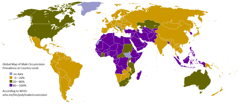 Global map of male circumcision prevalence at country level.