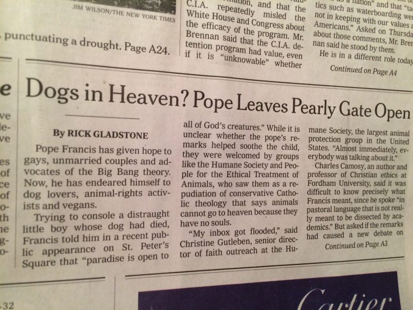 The New York Times was the biggest of several outlets relating an apparently apocryphal tale about pets, paradise, and Pope Francis. 