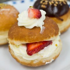 Sufganyiot -- or donuts, in Hebrew. They are one of the oil-rich foods eaten during Hanukkah, the Jewish Festival of Lights, to remember the story of how the ancient Maccabees had oil enough to light the menorah for one night, but it miraculously lasted for eight. 
