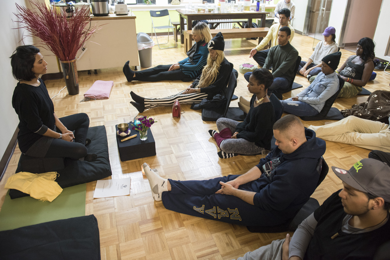 Taz Tagore, one of Reciprocity’s founders, leads meditation during the Urban Retreat at the Reciprocity Foundation. Photo by Alex Fradkin