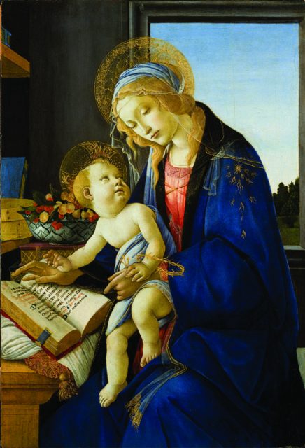 Sandro Botticelli (Alessandro Filipepi), Madonna and Child (Madonna col Bambino),  also called Madonna of the Book (Madonna del Libro), 1480–81;  Tempera and oil on wood panel, 22 7/8 • 15 5/8 in.; Museo Poldi Pezzoli, Milan; inv. 443. Photo courtesy of National Museum of Women in the Arts
