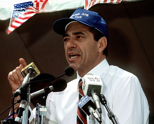 Then New York Governor Mario Cuomo speaks at a rally to prevent the closing of Plattsburgh Air Force Base in 1991.