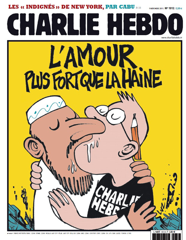  November 8, 2011, cover of Charlie Hebdo magazine after the magazine's office was attacked by firebombing. The title reads, 