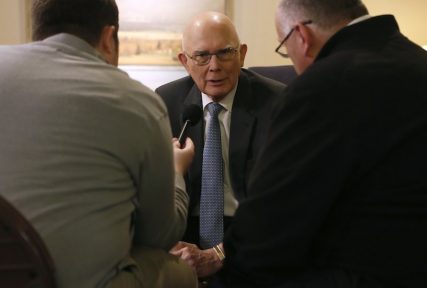 Dallin H Oaks, an elder in The Church of Jesus Christ of Latter-Day Saints, speaks to the media after the Church announced it supports the passage of laws protecting the LGBT community from discrimination, as long as they also protect religious freedom.  Photo courtesy of REUTERS/Jim Urquhart *Note: This photo is not available for republication