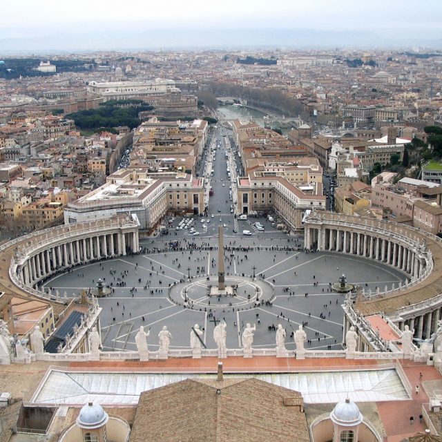 A view of Saint Peter's square from the Basilica's dome in Vatican City.