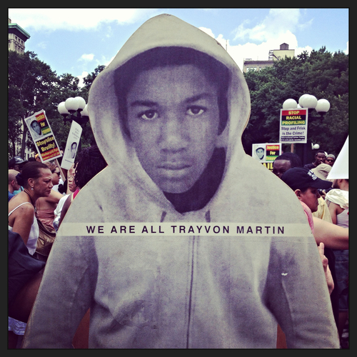 A poster showing Trayvon Martin, a 17-year-old African American from Miami Gardens, Fla., who was fatally shot in 2012. He was wearing a hoodie.