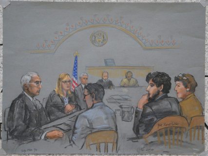 A courtroom sketch shows Boston Marathon bombing suspect Dzhokhar Tsarnaev (2nd R) during the jury selection process in his trial at the federal courthouse in Boston, Massachusetts on January 15, 2015. Photo courtesy of REUTERS/Jane Flavell Collins *Note: This photo may ONLY be republished with RNS-BOSTON-JURY, originally published on January 26, 2015