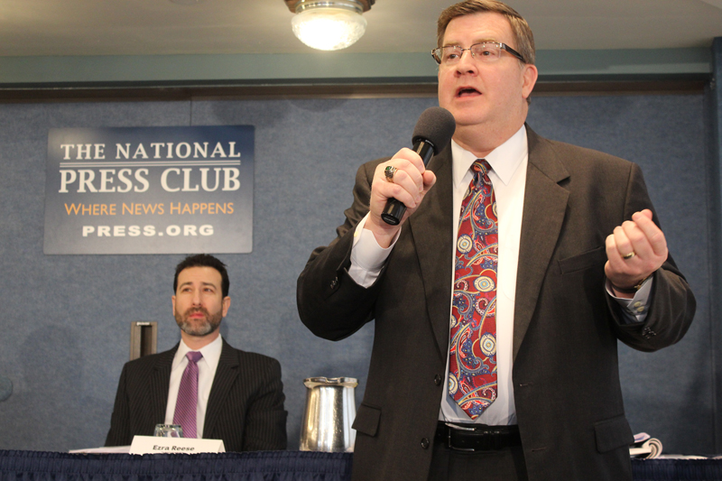 Michael Batts, who chaired a commission of the Evangelical Council for Financial Accountability that recommended Internal Revenue Service policy changes, speaks at the National Press Club on Jan. 29, 2015. Behind him is Ezra Reese, a member of the drafting committee of Public Citizen’s Bright Lines Project. Religion News Service photo by Adelle M. Banks
