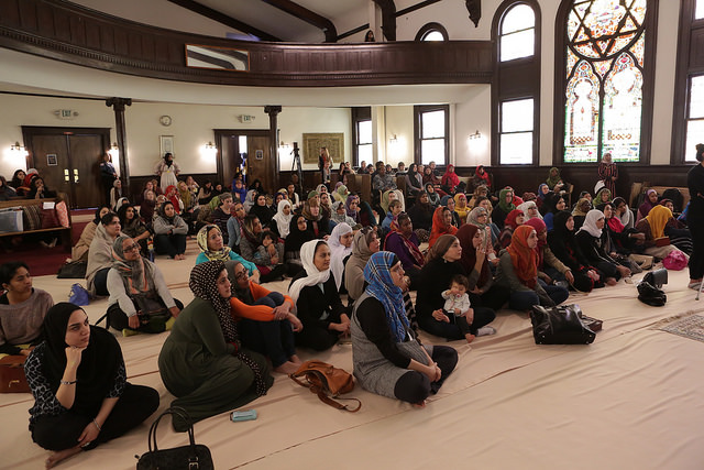 A downtown Los Angeles interfaith center that once served as a synagogue was the site of a historic worship service on Jan. 30, 2015, as dozens of women gathered for Friday Muslim prayers in what is being dubbed the first women’s-only mosque in the United States. Photo courtesy of Alexa Pilato