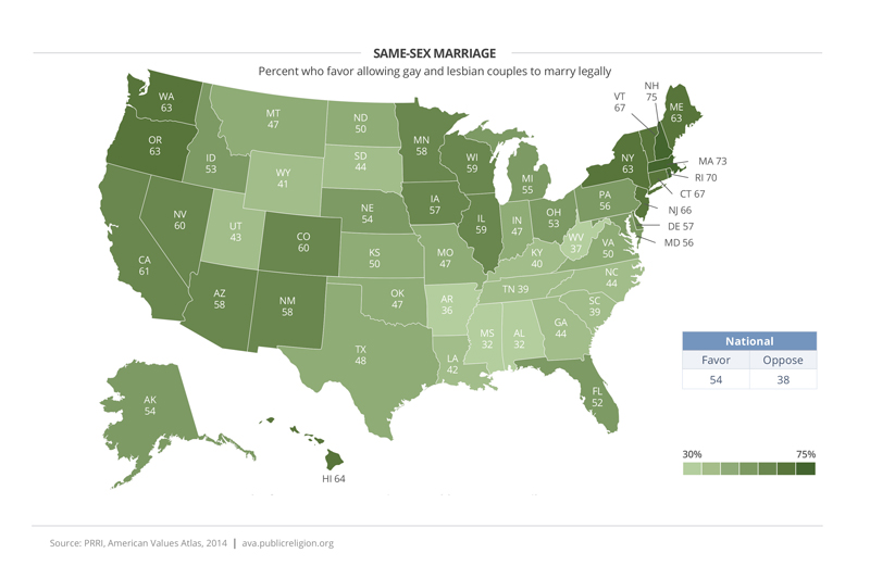 Support of same-sex marriage by state. Graphic courtesy of Public Religion Research Institute (PRRI)