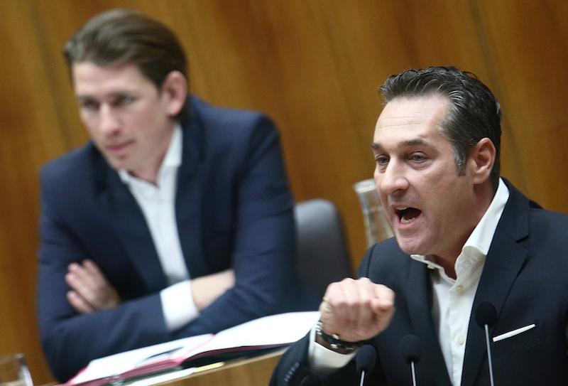 Head of the Freedom Party Heinz-Christian Strache delivers a speech in front of Foreign and Integration Minister Sebastian Kurz during a session of the parliament in Vienna February 25, 2015.  REUTERS/Heinz-Peter Bader 