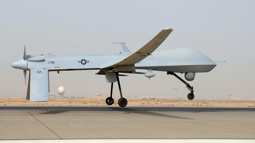 A predator drone takes off from Balad Air Base in Iraq. 