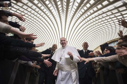 Pope Francis arrives to lead a special audience with faithful from Cassano alpo Jonio diocese at the Vatican on February 21, 2015. Photo courtesy of REUTERS/Osservatore Romano *Editors: This photo is not available for republication.