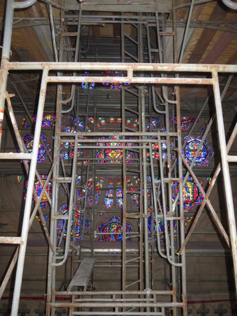 Scaffolding inside the Washington National Cathedral is about to be taken down as the the first $10 million phase of work to repair damage sustained in a 2011 earthquake is completed. The second phase, on the exterior of the building, is expected to cost more than twice as much and take more than twice as much time. Religion News Service photo by Lauren Markoe