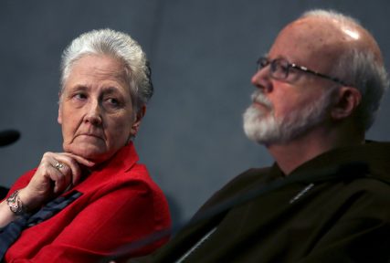 Irish abuse victim Marie Collins, left, member of the Pontifical Commission for the Protection of Minors, looks at Cardinal Sean Patrick O'Malley during their first briefing at the Holy See press office at the Vatican May 3, 2014. Photo courtesy REUTERS/Alessandro Bianchi. 