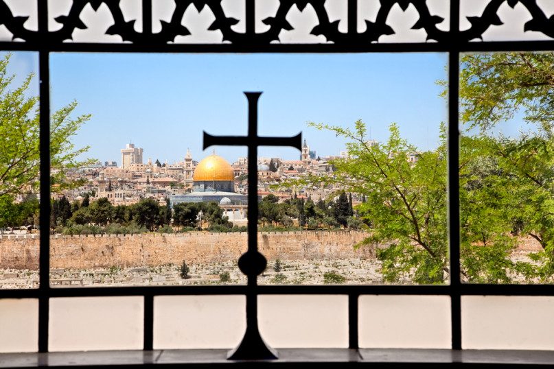 View from Dominus Flevit church located on the Mountain of Olives on the old part of city Jerusalem. Israel.