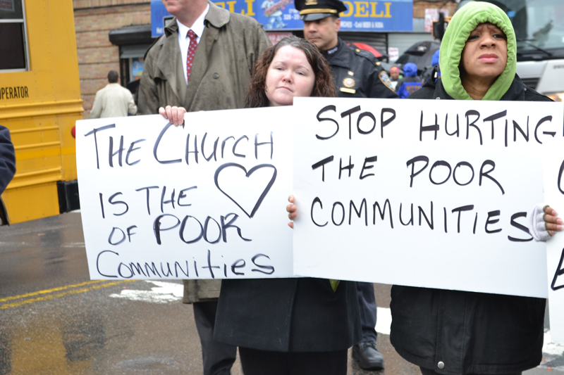 Church members hold signs during a 2013 rally in the Bronx in opposition to the New York City Department of Education's policy prohibiting worship services in public school buildings during the weekends. Photo courtesy of Alliance Defending Freedom