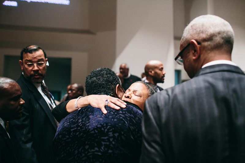 Bishop Yvette Flunder, embraces her mother after preaching on Tuesday (March 17, 2015) during an annual lecture series of the American Baptist College in Nashville, Tenn. Religion News Service photo by Rebecca Adler Rotenberg (www.rebeccaadlerphoto.com)