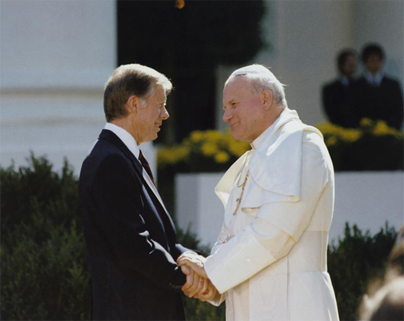 President Jimmy Carter greets Pope John Paul II, who was the first pope to ever visit the White House, on October 6, 1979. Photo courtesy of National Archives, Jimmy Carter Presidential Library and Museum